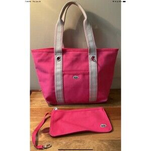 LACOSTE Canvas Tote Bag Zipped Strawberry Pink Alligator With Cosmetic Bag